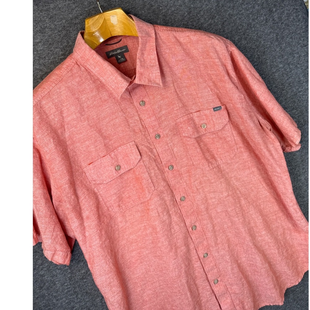 Eddie Bauer Mens XL TALL Coral Linen Blend Short Sleeve Button Down Shirt Cruise